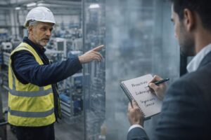 Manager de planta explicando una necesidad técnica en fábrica mientras un seleccionador toma notas genéricas al otro lado de un cristal
