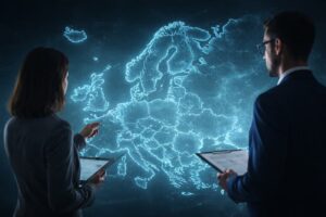 Profesionales analizando un mapa digital de Europa en un entorno tecnológico