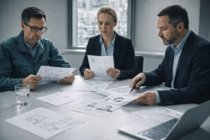 Tres profesionales revisando currículums y perfiles de candidatos en un proceso de selección técnica industrial