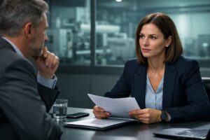 Mujer profesional de perfil técnico conversando con un directivo en un entorno industrial sobrio durante un proceso de selección