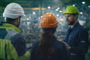 Profesionales del sector industrial reunidos en una planta, analizando una situación de selección y talento en un entorno técnico e industrial.
