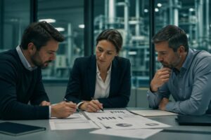 Tres profesionales revisan documentación en una reunión corporativa con un entorno industrial desenfocado al fondo.