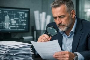 Headhunter industrial analizando currículums para selección de perfiles técnicos