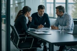 Reunión profesional en un entorno corporativo e industrial mientras un perfil técnico se aleja de la conversación.