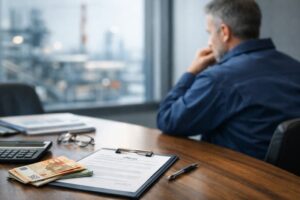 Ingeniero senior valorando una oferta económica en la fase final de un proceso de selección en un entorno corporativo-industrial.