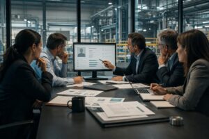 Equipo directivo revisa un perfil de candidato en una sala de reuniones con una planta industrial al fondo.