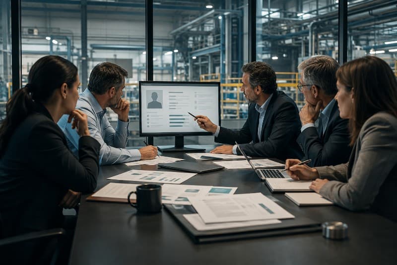 Búsqueda y toma de decisión en selección industrial Equipo directivo revisa un perfil de candidato en una sala de reuniones con una planta industrial al fondo.