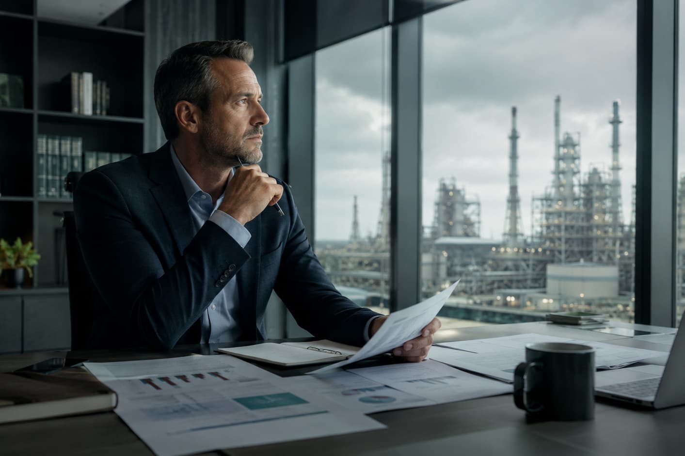 Lo que piensan los profesionales de industrial y energía Profesional reflexionando en un despacho con vistas a una planta industrial mientras revisa informes sobre talento del sector.