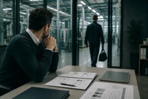 Responsable de selección observa a un profesional que abandona un entorno industrial tras una incorporación fallida.