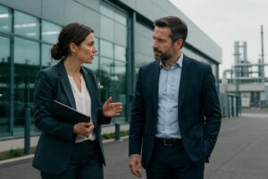 Dos profesionales conversan en el exterior de un edificio industrial durante un proceso de selección técnica.