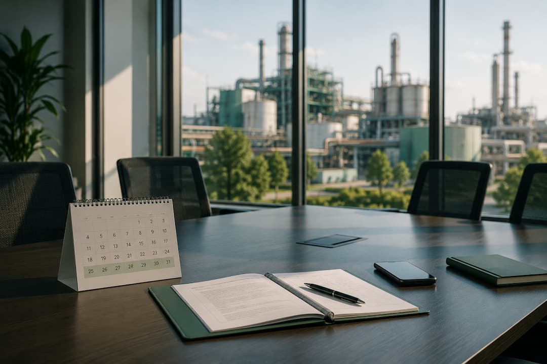 El coste de aplazar un proceso de selección industrial en agosto Sala de reuniones vacía con calendario, documentación y planta industrial al fondo