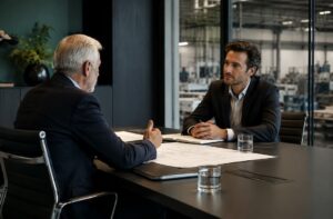 Fundador y posible sucesor conversan en una sala de reuniones con una planta industrial al fondo