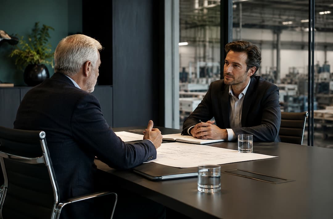 Fundador y posible sucesor conversan en una sala de reuniones con una planta industrial al fondo
