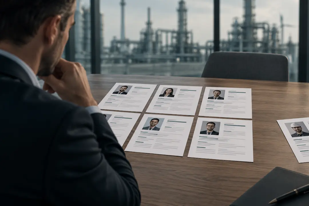 Evaluación de candidatos en selección industrial Profesional de selección revisando candidatos para una vacante en el sector industrial.
